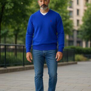 Polo Ralph Lauren Mens XL Blue Sweater 100% Lambswool V Neck Pullover Classic